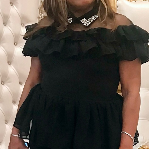 #A063 Gracia Black Peplum Ruffle Top with Bejeweled Collar Size S (NWT) - Picture 2 of 5